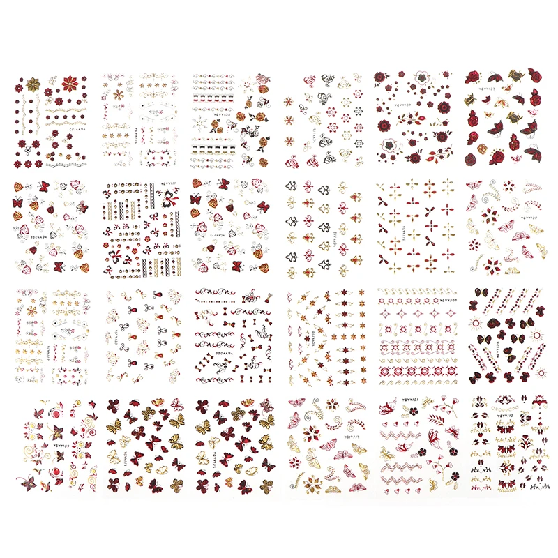 Новое поступление, 24 листа, золотая фольга, цветы, бабочки, тиснение, 3D наклейки, амулеты, бронзовые Переводные картинки для ногтей