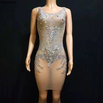 

Hot Sale Bright Silver Rhinestones Mesh Dress Women Birthday Celebrate Bar Singer Show See Through Outfit Prom Dresses