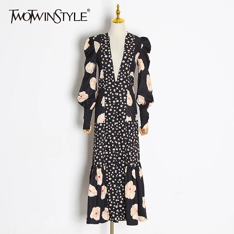 TWOTWINSTYLE Elegant Patchwork Print Dress Women V Neck Lantern Long Sleeve High Waist Hit Color Dresses Female 2020 Fashion New TWOTWINSTYLE Elegant Patchwork Print Dress Women V Neck Lantern Long Sleeve High Waist Hit Color Dresses Female 2020 Fashion New