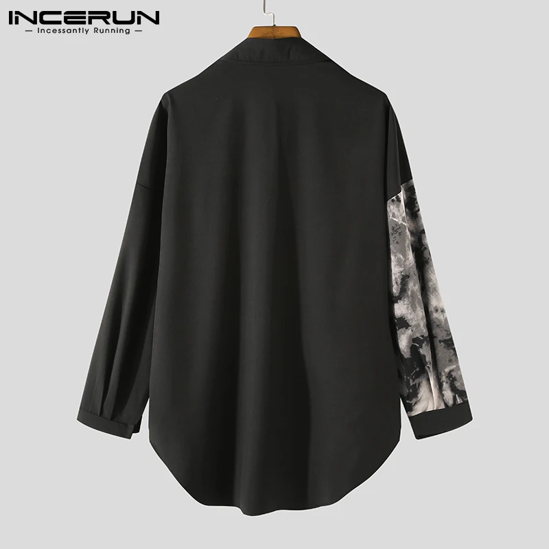 Men Casual Shirt Spring Print Patchwork Lapel Long Sleeve Streetwear Tops Korean Loose Fashion Shirts Long Sleeve Shirt Men Casual Shirt