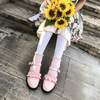 

Lolita Japanese Women Retro Small Leather Shoes Students Wild Casual Soft Sister Velcro Girls PU Cute Middle Heel Shoes Cosplay