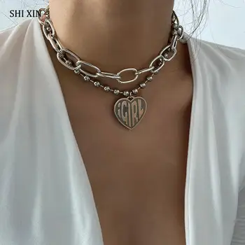 

SHIXIN Punk Beads Chain Chunky Choker Necklace for Women Big Girls Heart Pendant Necklace Fashion Statement Necklace 2020 Gifts
