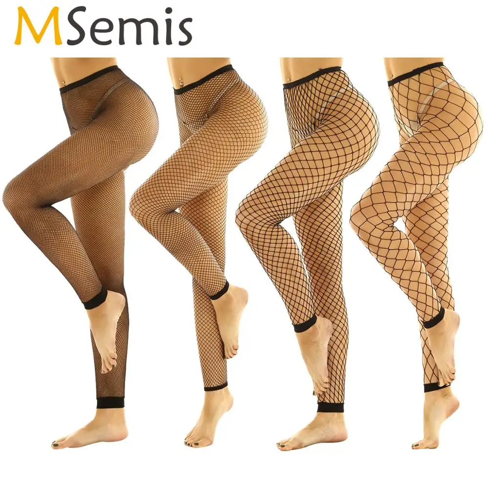 MSemis Women Fetish Fishnet Leggings Hollow Out Mesh Net Trousers See Through High Waist Transparent Footless Leggings Pants women leggings