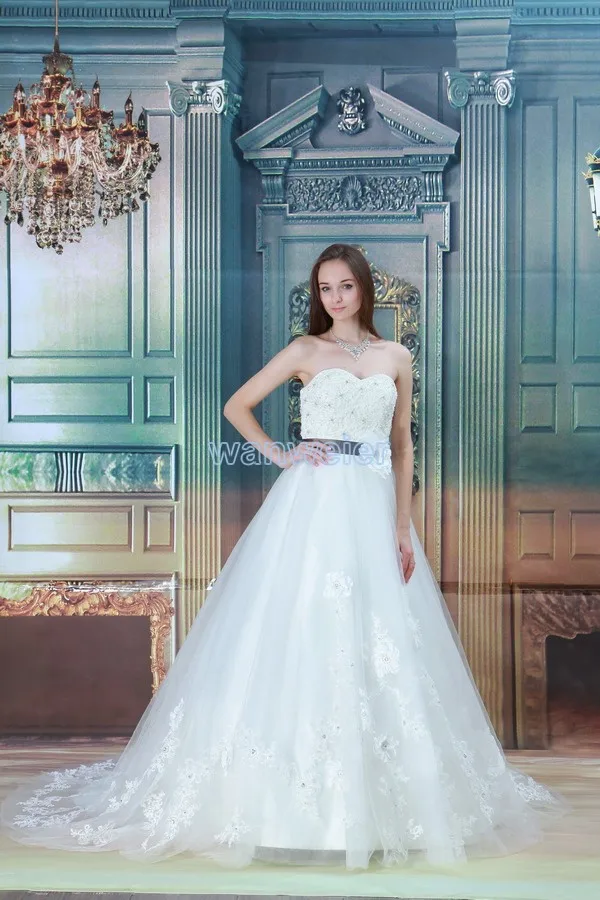 

free shipping 2016 new design hot sale ball gown custom size/color handmade flower train sashes bridal dress white wedding dress