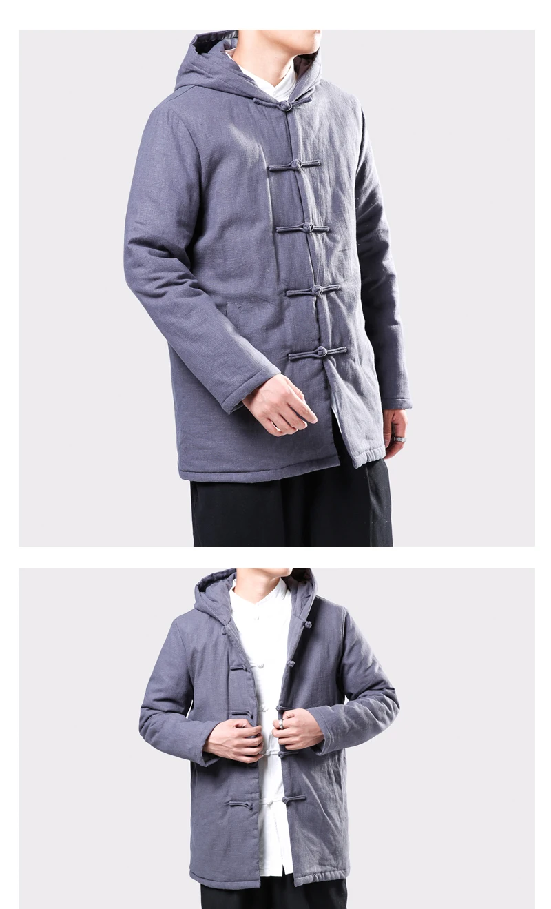 Chinese-style Cotton-padded Clothes Men's Winter Frog Chinese Style Hooded Middle Long Coat Chinese Costume Chinese Clothing Cot