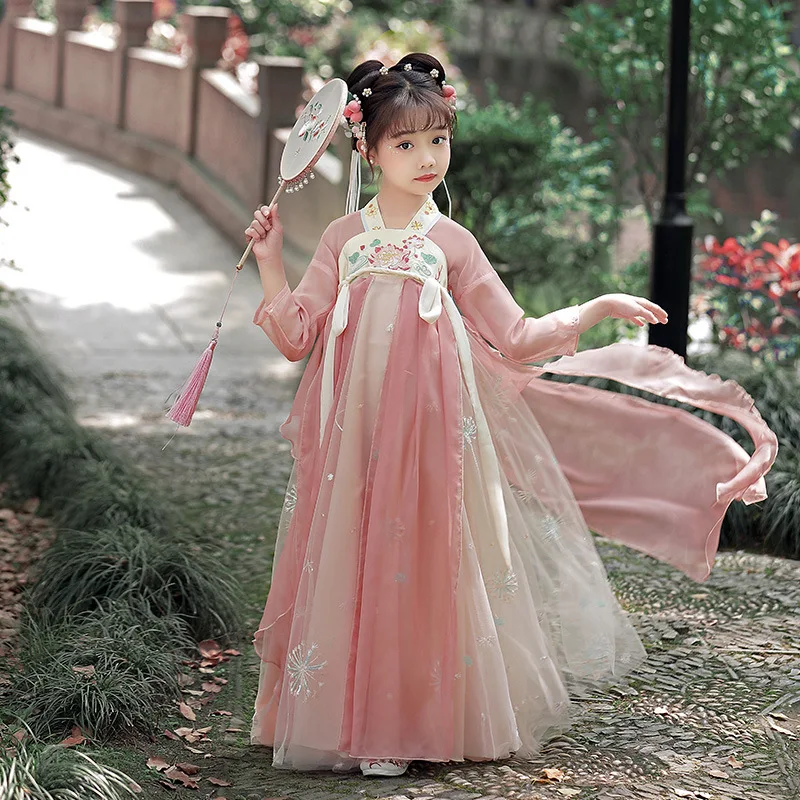 

Girls Hanfu Fairy Princess Dresses Costume Chinese Style Traditional Pink Floral Embroidery Dress