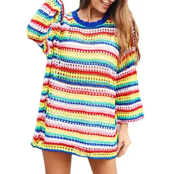 

Sweater female striped color autumn and winter hollow sweater new color velvet striped lazy style loose casual sweater color