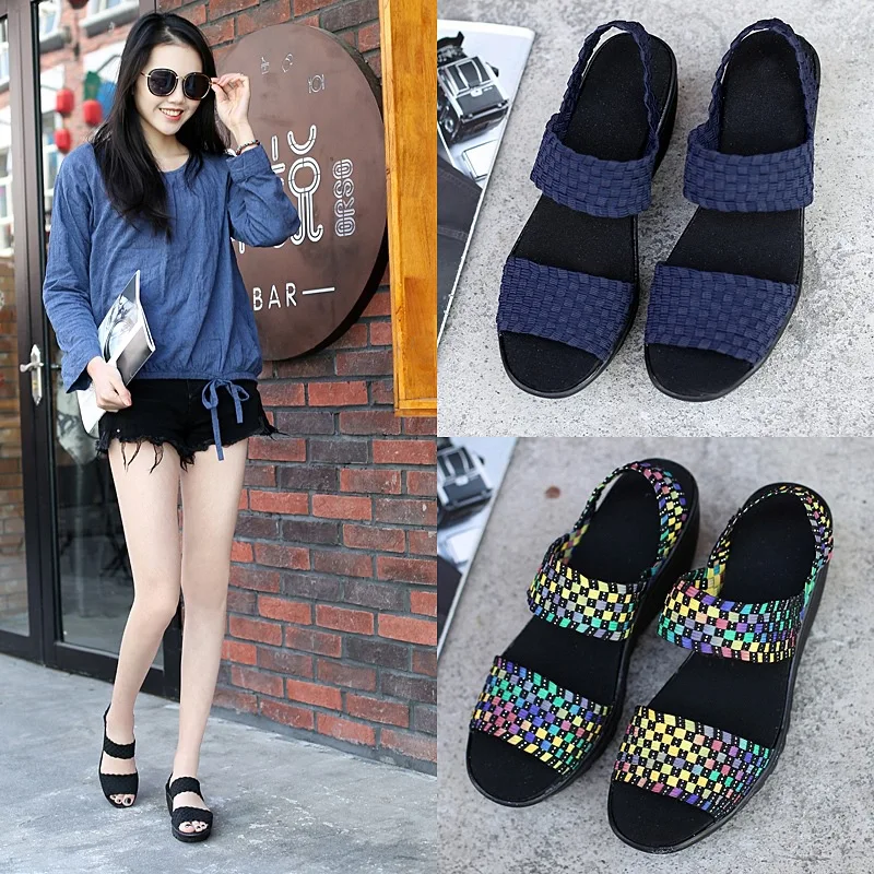 

New Style Mom Summer New Style Casual Fashion Elasticity Weaving Comfortable Slanted Heel Waterproof Platform Elastic Band WOMEN