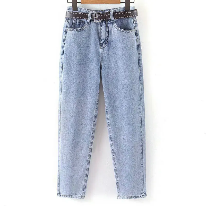 2020 Fashion Women Autumn Winter Mom Jeans Pants With Belt Full Long Trousers Strethy Waist Pockets Zipper Female Harem | Женская одежда
