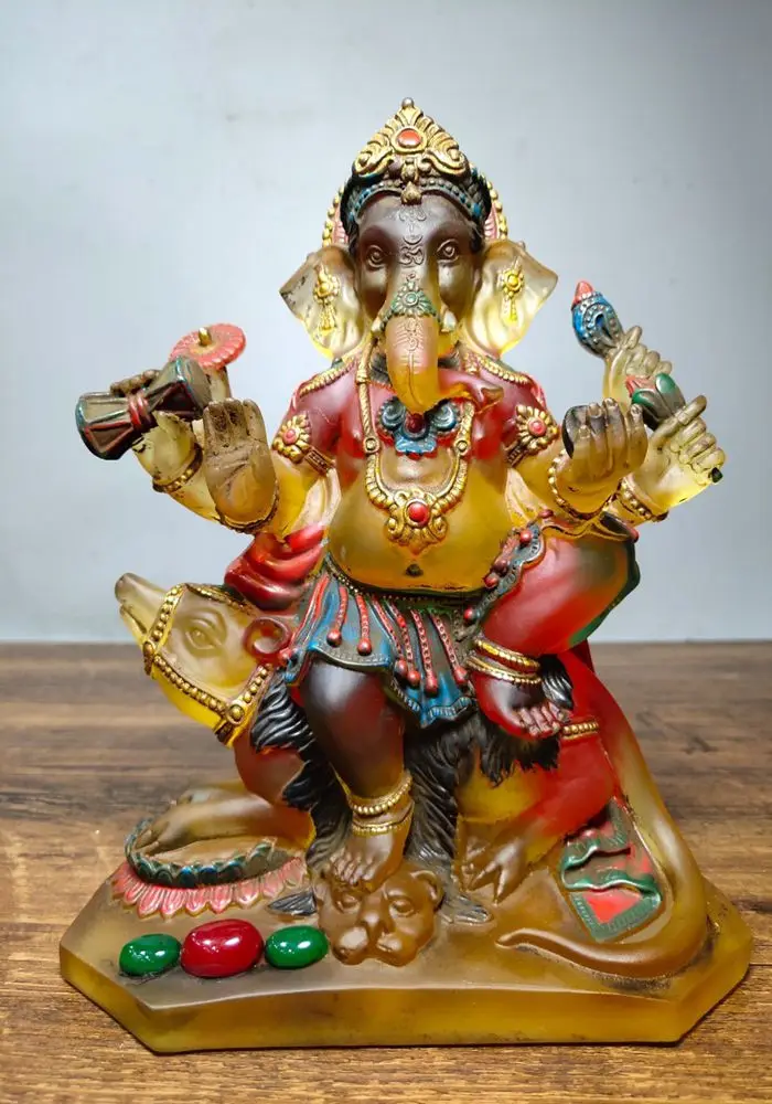 

8" Tibet Buddhism Temple Old Colored Glaze Inlaid gems Elephant Trunk God of Wealth Buddha Statue Enshrine the Buddha