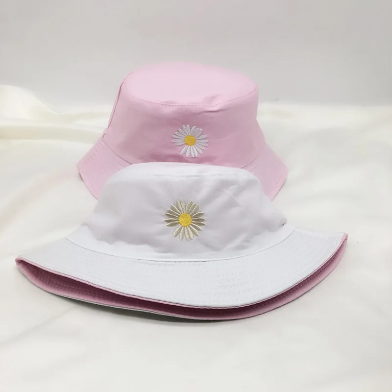 Summer Sun Hat Reversible Bucket Caps Women Fishing Outdoor Hip Hop Sunscreen Daisy Embroidery Fisherman Beach Panama Hat female bucket hat