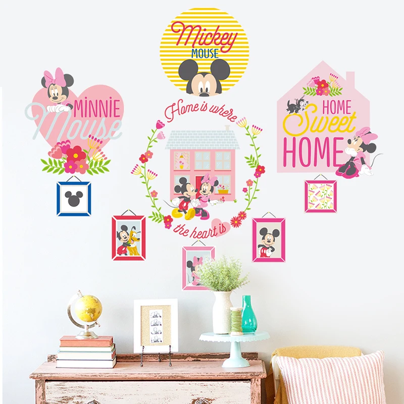 Cartoon Disney Mickey Minnie Mouse Sweet Home Wreath Wall Stickers For Kids Room Home Decor Bedroom Wall PVC Mural Art Wallpaper