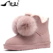 Австралийские зимние ботинки из натуральной воловьей кожи женские короткие зимние ботинки на меху Зимние ботильоны с помпонами обувь для девочек