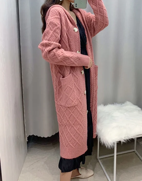 Neploe, женский свободный длинный вязаный кардиган, свитер с капюшоном, однобортный, с карманами, вязанная верхняя одежда, пальто, осень, корейский топ, джемпер 55299 - Цвет: pink