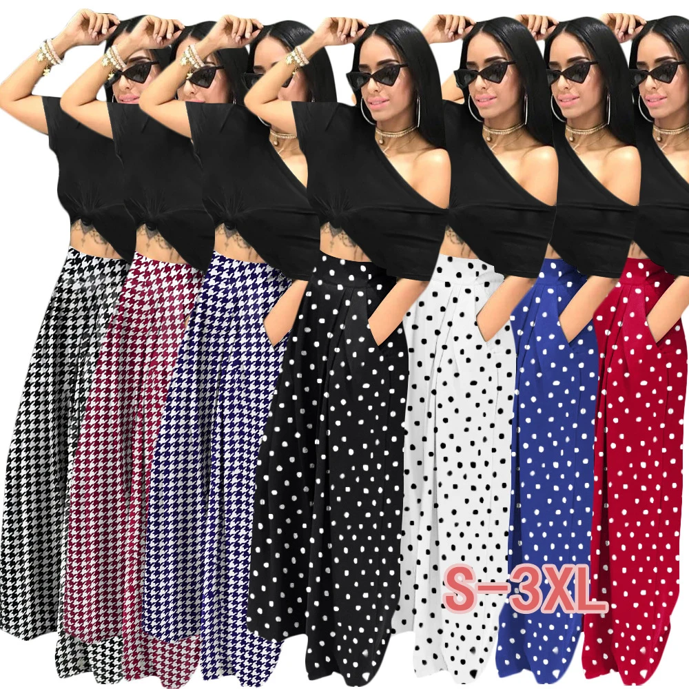 

Autumn women's casual high-waisted houndstooth front slit wide-leg flared pants street style floor-length flared pants
