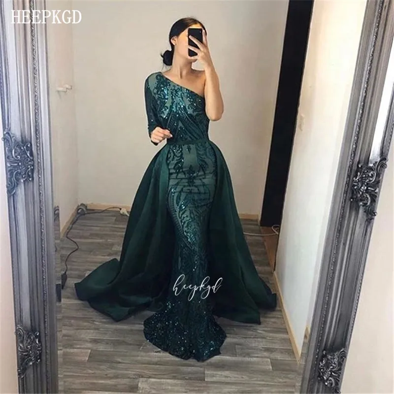 Зеленое арабское вечернее платье русалки, на одно плечо, со съемным ...