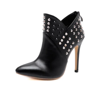 

CJDLY 2020 New Women Motorcycle Boots Black Leather rivet Ankle Boots For Women Thin Heels Fashion Pointed toe Ladies shoes