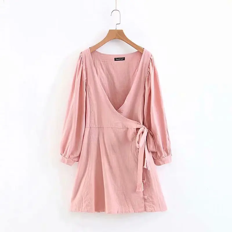 

Europe And America Autumn New Style WOMEN'S Dress Versitile Fashion Slim Fit Slimming Solid Color Deep V-neck Waist Hugging Band