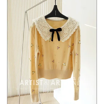 

Svoryxiu 2020 Autumn Winter Runway Elegant Yellow Knitting Pullovers Women's Manual Flower Embroidery Thin Wool Sweater