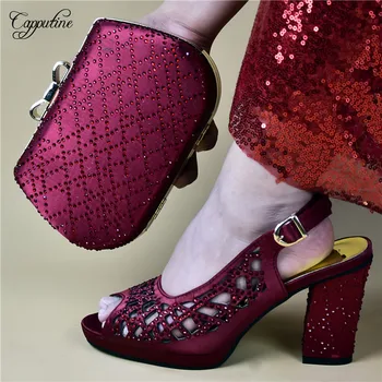 

Fashionable wine high heel sandals shoes matching with purse handbag set 528-1 heel height 10cm