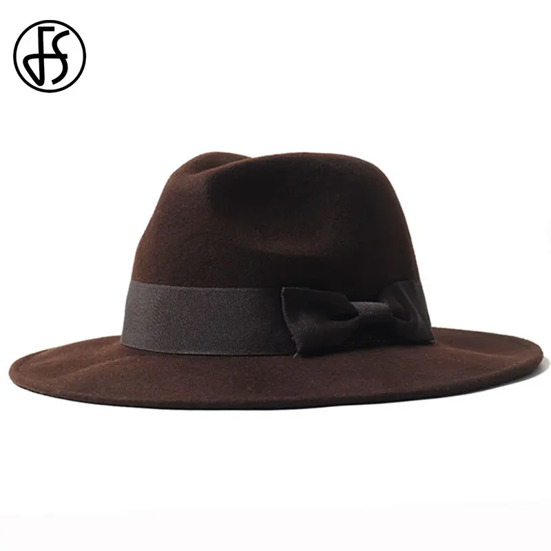 Brown Wool Hat FS, женская шляпа, винтажная, черная, шляпа с широкими полями, фетровые, шерсть, фетр, зимние, элегантные, шапки для женщин, бант, Панама, кепка, женская, Трилби, шляпа, осень - Цвет: Brown Wool Hat