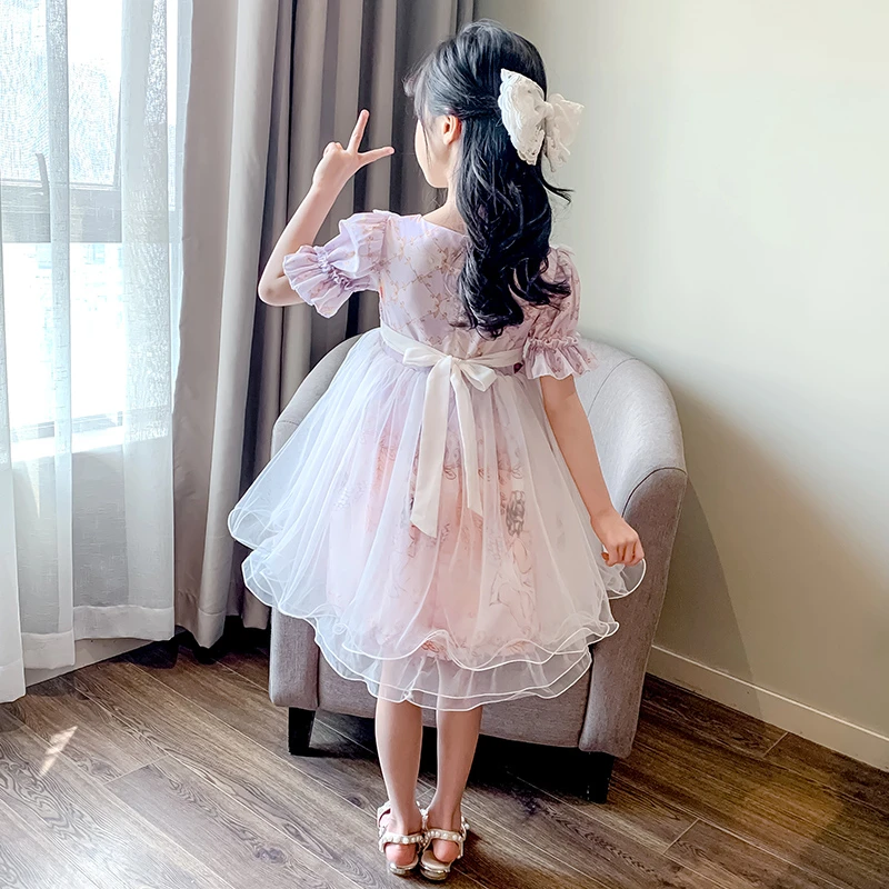 Princess Lolita Skirt Girls Summer New Western Children Cartoon Dress Short Sleeve Puffy Tulle Skirt cute kids loli clothes