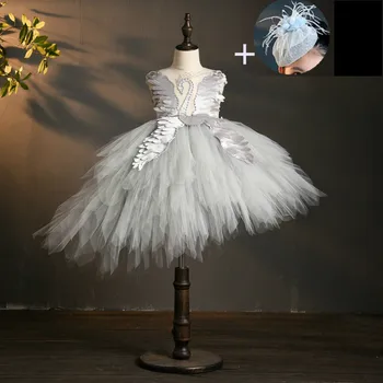 

2020 Swan Crystal Tulle Flower Girl Tutu Dress With Headwear for Wedding Kid Evening Gown Birthday Party Lace Princess Dresses
