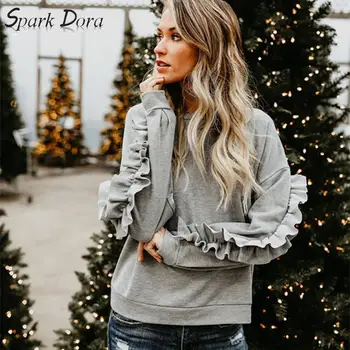 

2019 Autumn O-neck Ruffles Hoodies Women Casual High Street Solid Hoodie And Sweatshirts Women Christmas Ins TikTok Latest Trend