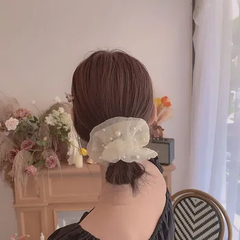 

AOMU 2020 Korea Retro Lace Pearl Solid Color Hair Ring Temperament Pearl Yarn Headbands for Women Girl Lady Pearl Fabric