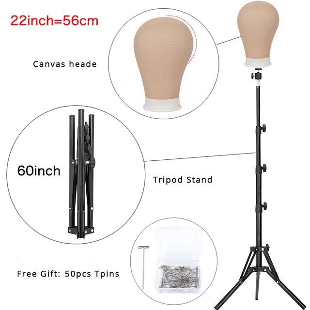 Alileader New 152Cm/64Cm Wig Stand Wig Tripod With Mannequin Canvas Block Head Adjustable Tripod Stand Wig Making kit TPins Gift 22inch xitou black