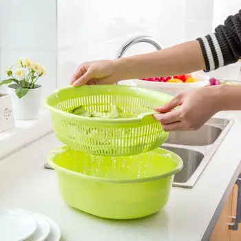 

OTHERHOUSE 2Pcs/Set Double Drain Basket Fruit Vegetables Washing Strainer Sink Kitchen Tableware Food Storage Basket Colanders