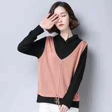 #Special Offers Women Casual Hooded Sweaters Autumn Spring Fake Two Piece Knitted Hood Pullovers Female Pink Red Yellow Patchwork Knitwear Woman #Special Offers Women Casual Hooded Sweaters Autumn Spring Fake Two Piece Knitted Hood Pullovers Female Pink Red Yellow Patchwork Knitwear Woman