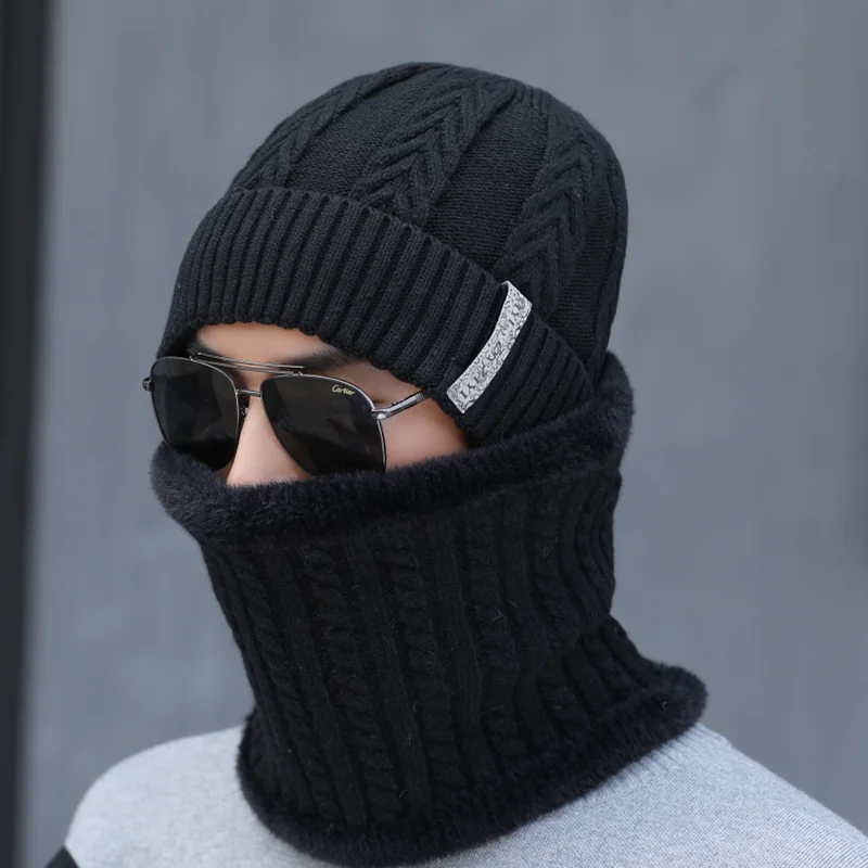 Высококачественная Зимняя вязанная мужская шапка Skullies, модная вязанная шапка из шерсти, шапка для мужчин, бархатная шапка, теплый мужской шарф, шапка