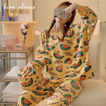 

Autumn Winter Flannel Pajama Set Women Long Sleeve Thick Warm Sleepwear Homewear Clothing Lounge Wear Loose Top Pijama Mujer