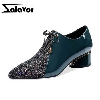 

ZALAVOR 2020 Spring Women Pumps Zipper Bling Real Leather Fashion Shoes Woman Pointed Toe Chunky Heels Footwear Size 33-40