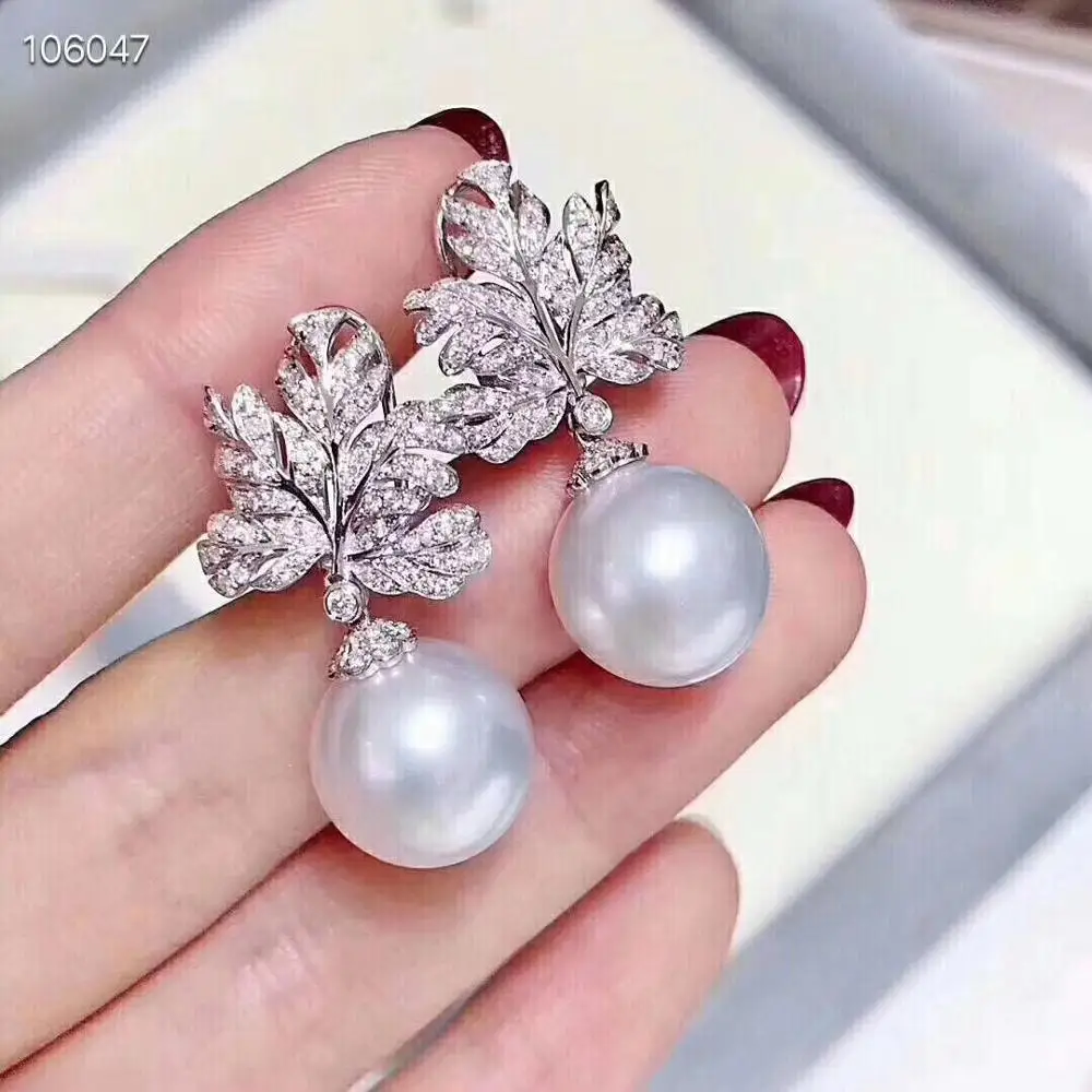 Pure 925 Sterling Silver Fine Jewelry Fresh Water White 9-10mm Round Pearl  Dangle Earrings for Women Fine Pearl Earrings