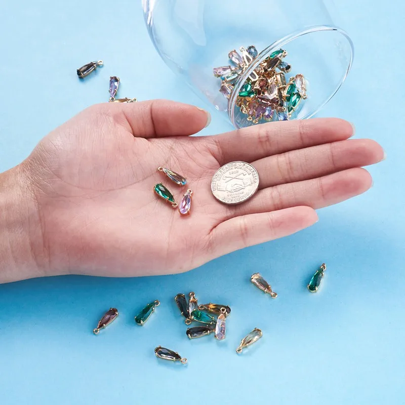 50pcs Faceted Glass Pendants Charms with Brass Open Back Settings Teardrop for Jewelry Making DIY Earring Bracelet 14.5x4.5x4mm