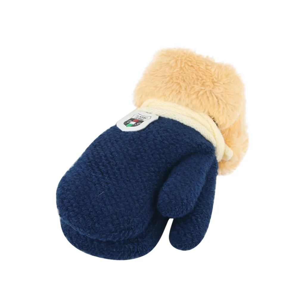 Вязаные зимние перчатки для детей, утепленная и меховая вязаная перчатка Luvas De Inverno Handschuhe, Детские ручные перчатки - Цвет: Navy