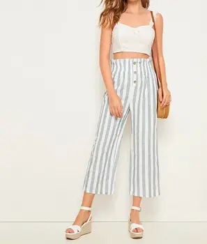 

Women Summer Stripe Wide Leg Button Elastic Waist Casual Long Pants Women Lady High Waist Pleated Long Pants Girls Womens
