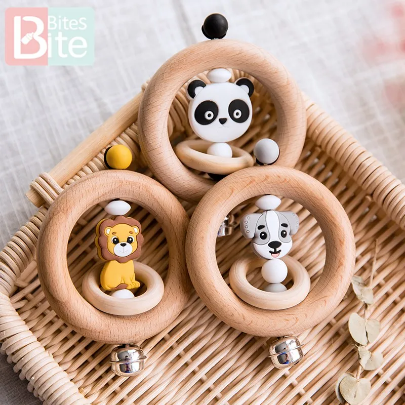 Bite Bites1pc детский прорезыватель погремушка для животных Колокольчик лев Король игрушки из бука деревянное кольцо пищевой силикон грызуны бусины детские товары