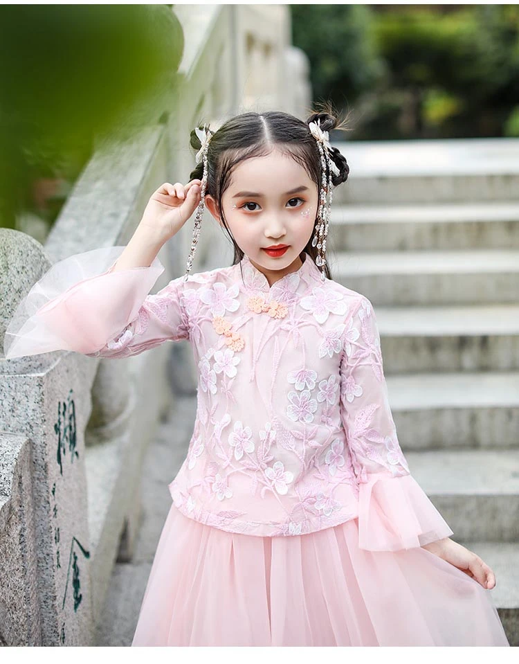 Девушка розовый вышивка Cheongsam традиционный костюм ханфу китайское платье дети принцесса с расклешенными рукавами кружево Qipao Свадебные Вечерние платья Китай
