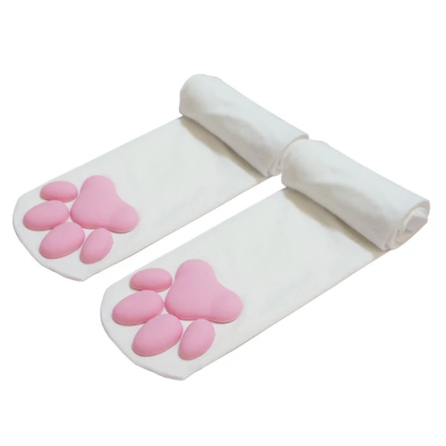 ohoooh Lolita Cat Paws Stockings With Paws Women's Long Socks Cat Paw Knee Socks 3D Kawaii Cosplay Cat Meat Thigh High Socks White(60cm)