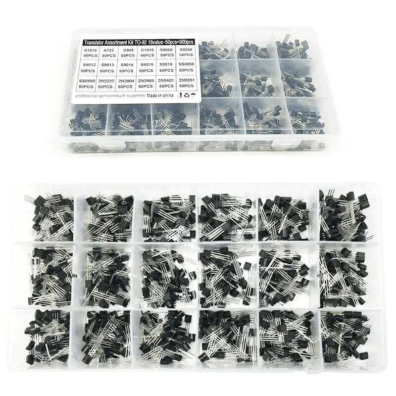 18Values 900Pcs TO 92 Transistor Assortment Kit A1015 2N2222 C1815 S8050 2N3904 2N3906 S9012 NPN PNP Transistors Set