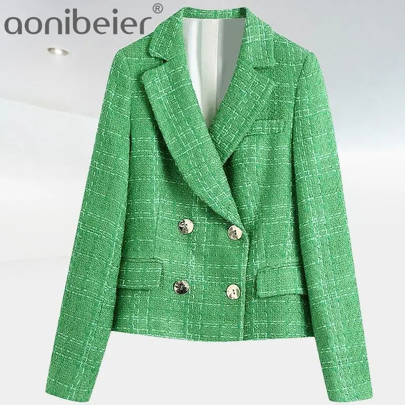 Aonibeier-Conjunto de traje de cuadros verdes Za para mujer, chaquetas ajustadas de estilo inglés con bolsillos, abrigos cortos, prendas de vestir urbanas