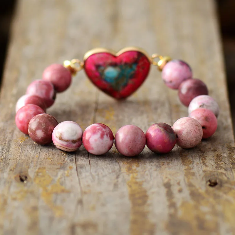 Classic Women Heart Shape Bracelets Luxury A++++ Rhodonite Stretch Elastic Strand Spiritual Bracelet Jewelry Bijoux Dropshipping