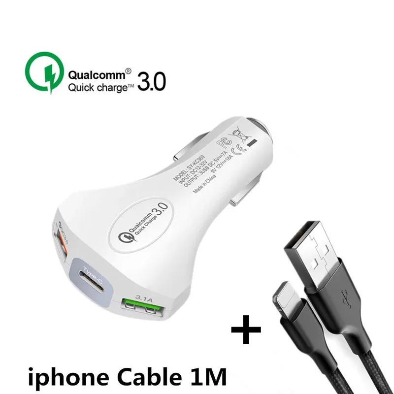 White ip Cable USB Автомобильное зарядное устройство Быстрая зарядка QC 3,0 Быстрая Зарядка адаптер двойной USB Автомобильное зарядное устройство для iphone Micro usb type C кабель зарядное устройство для телефона s - Тип штекера: White ip Cable