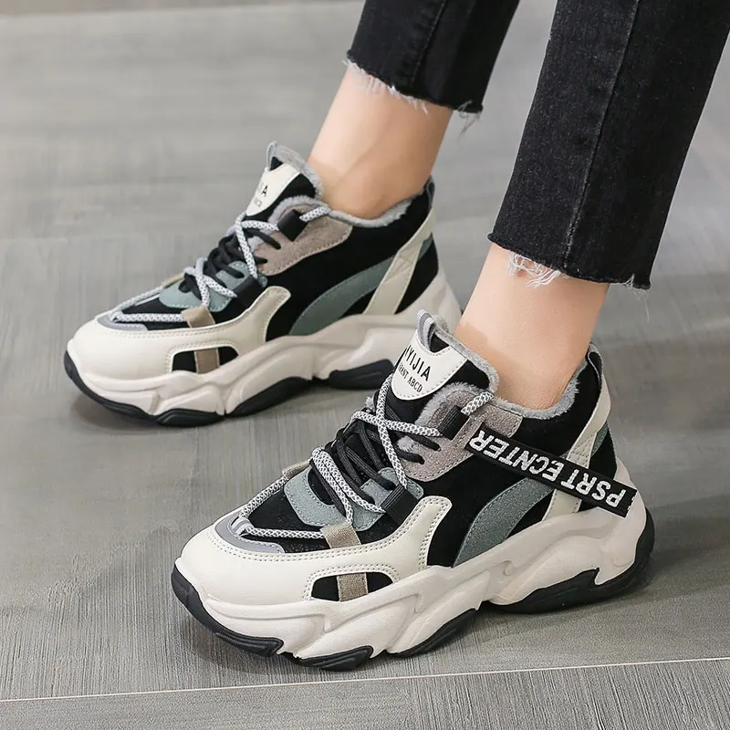 

New Women Winter Fashion Clunky Sneaker Casual Fur Suede Shoes Leather Platform Plush High Dad Shoes Ladies Thick Bottom Shoes