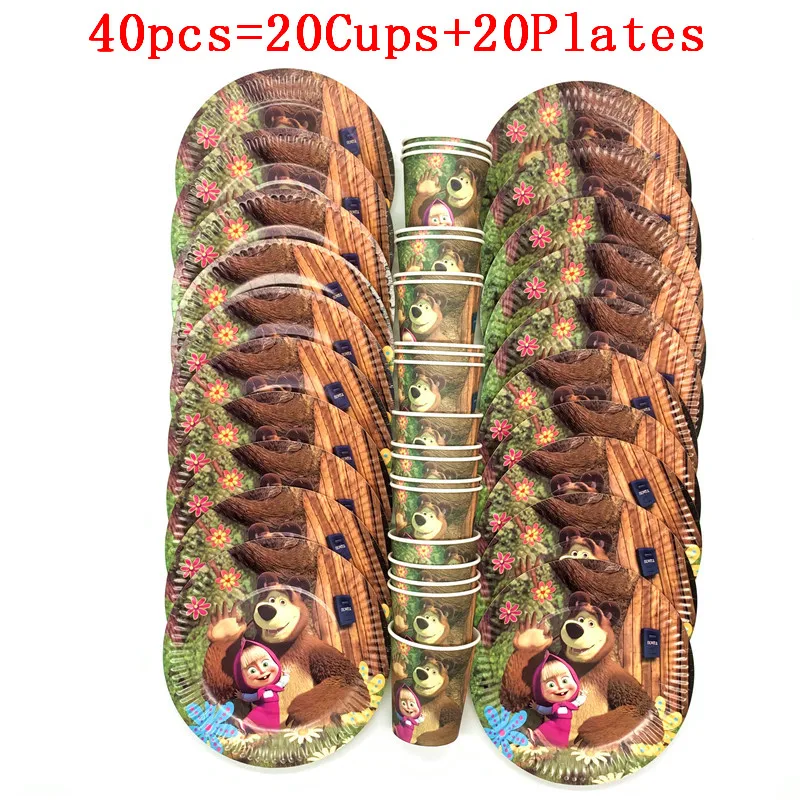 BeiPan 40pcs Высокое качество вечерние украшения Маша и Медведь тема 20/pcs40Pcs Свадьба День Рождения Бумажные стаканчики и тарелки вечерние принадлежности - Цвет: BeiPan 40pcs