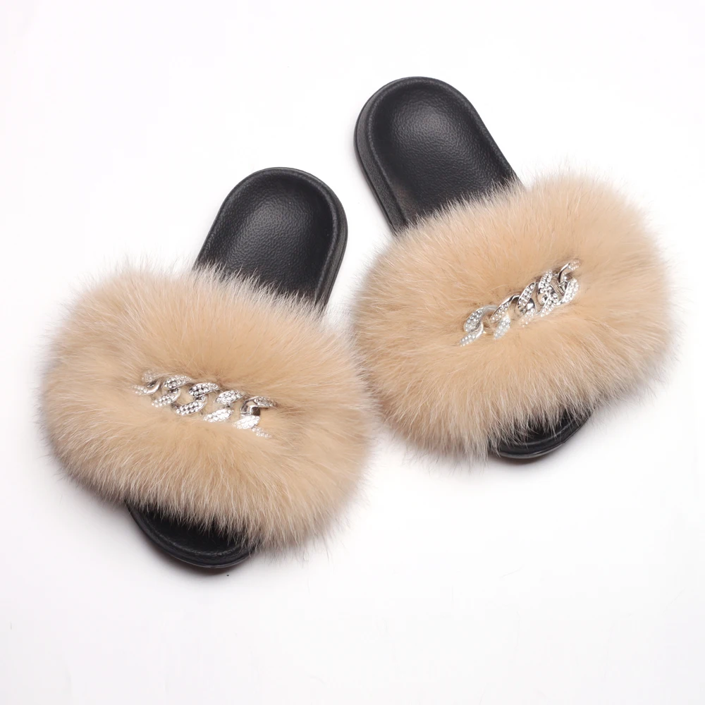 Real Fox Fur Slippers For Women Diamond Chain Furry Fur Slides Fluffy Flip Flops House Plush Beach Flat Slippers Summer Sandals