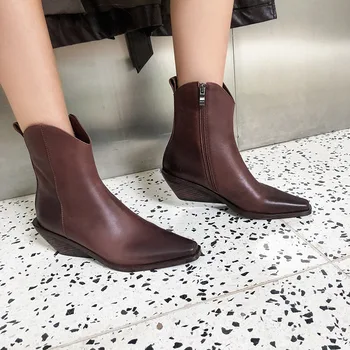 

New Style Commuting Versatile Ankle Boots Small Square Head Cowhide High Heel Shoes Chunky-Heel White Simple Leather Short Boots